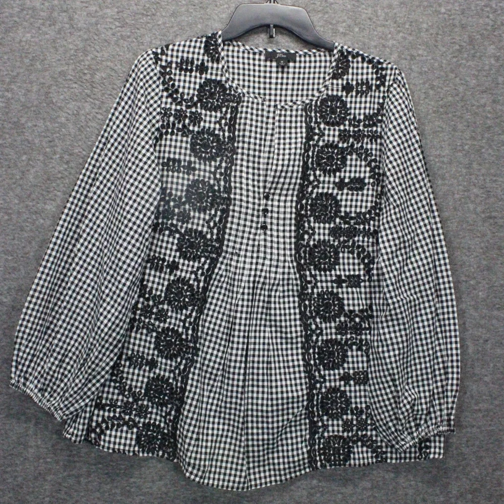 J. Crew Gingham Floral Embroidered Blouse Size M Black/White Puff Sleeve